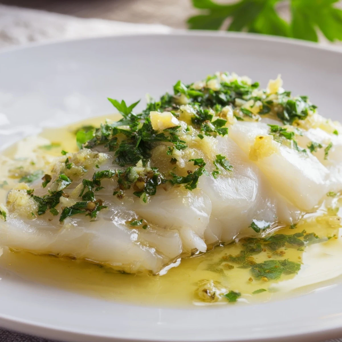 Moist Baked Cod with Garlic Butter and Fresh Parsley flaking perfectly with a fork on a rustic plate.