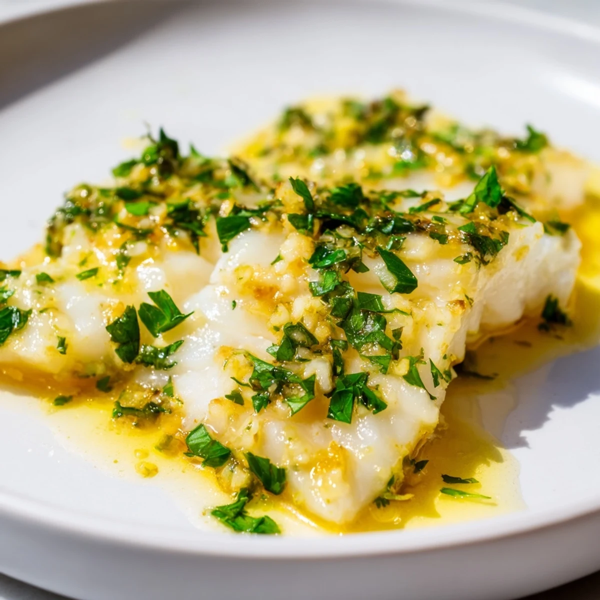 Golden-brown Baked Cod with Garlic Butter and Fresh Parsley served alongside steamed broccoli and lemon wedges.