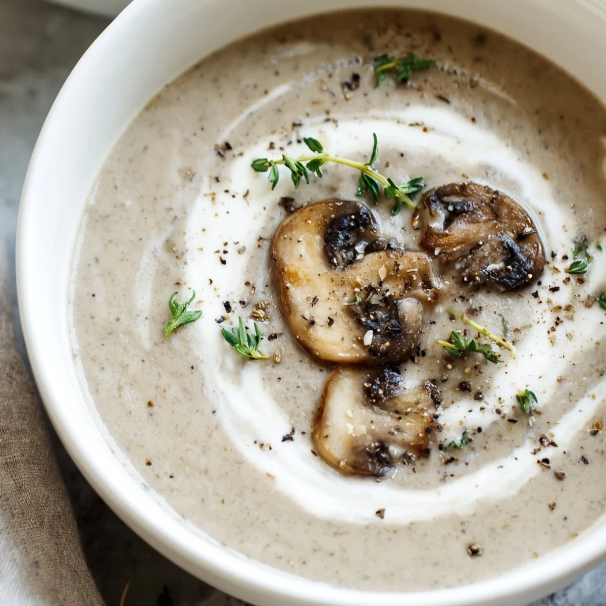 Creamy Mushroom Soup with Fresh Thyme and Cream served steaming hot in a rustic bowl, garnished with thyme sprigs and a swirl of cream.