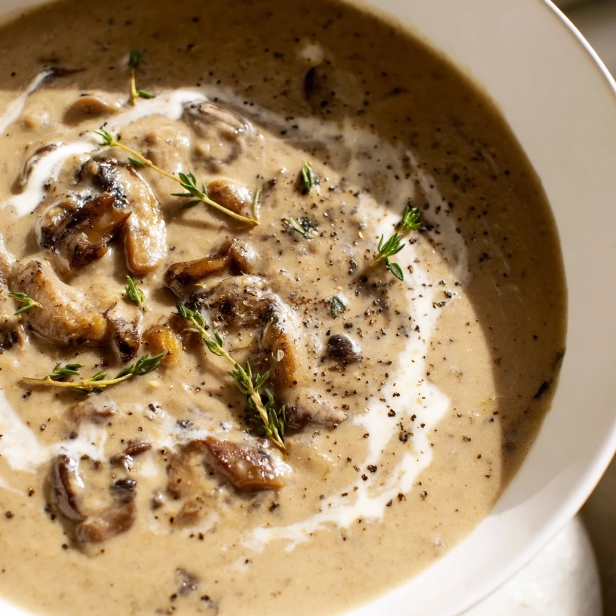 A close-up of Creamy Mushroom Soup with Fresh Thyme and Cream, featuring a rich, velvety texture and golden-brown mushrooms.