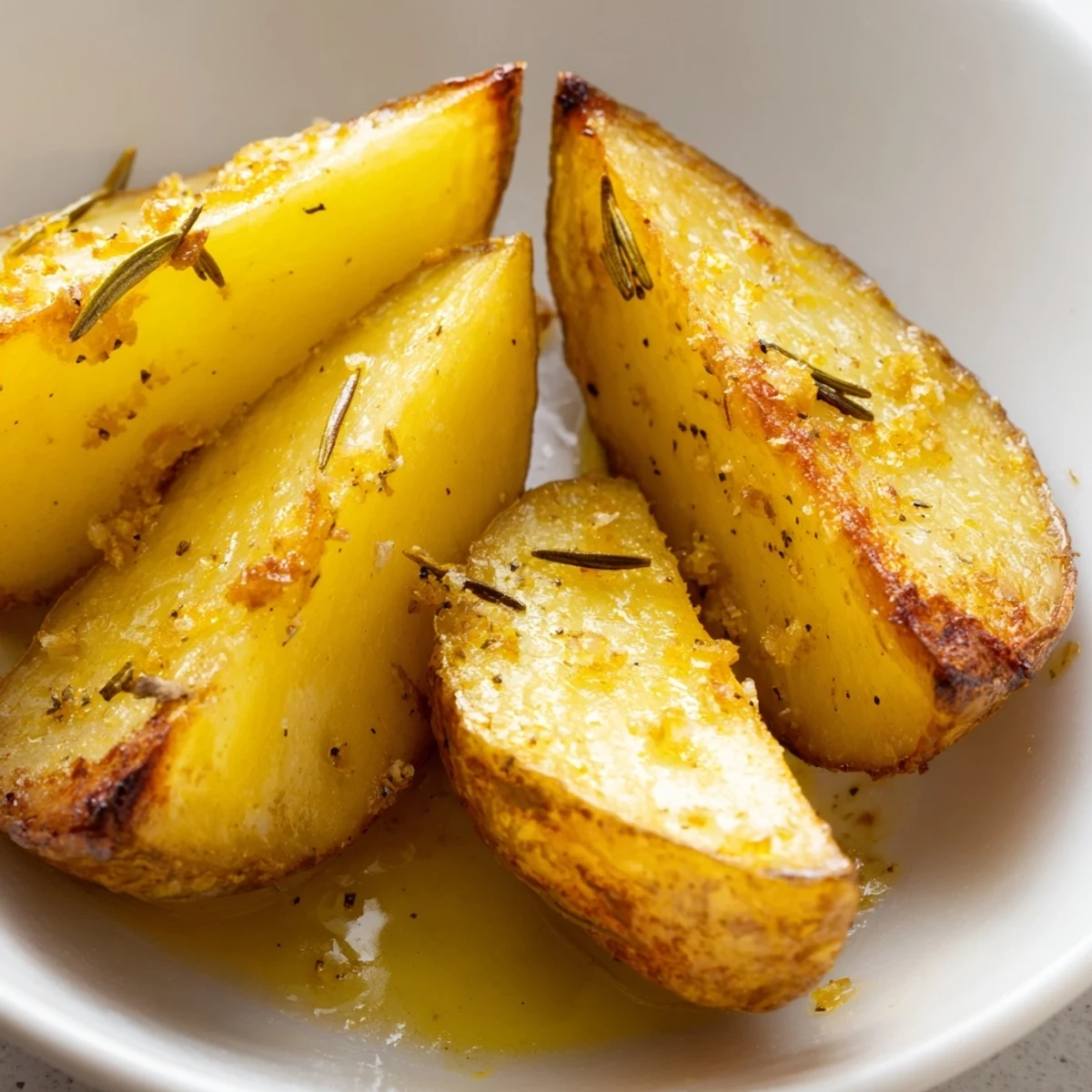 Golden-brown Lemon Potatoes with Fresh Rosemary served hot from the oven, garnished with fresh herbs and lemon wedges on a rustic platter.