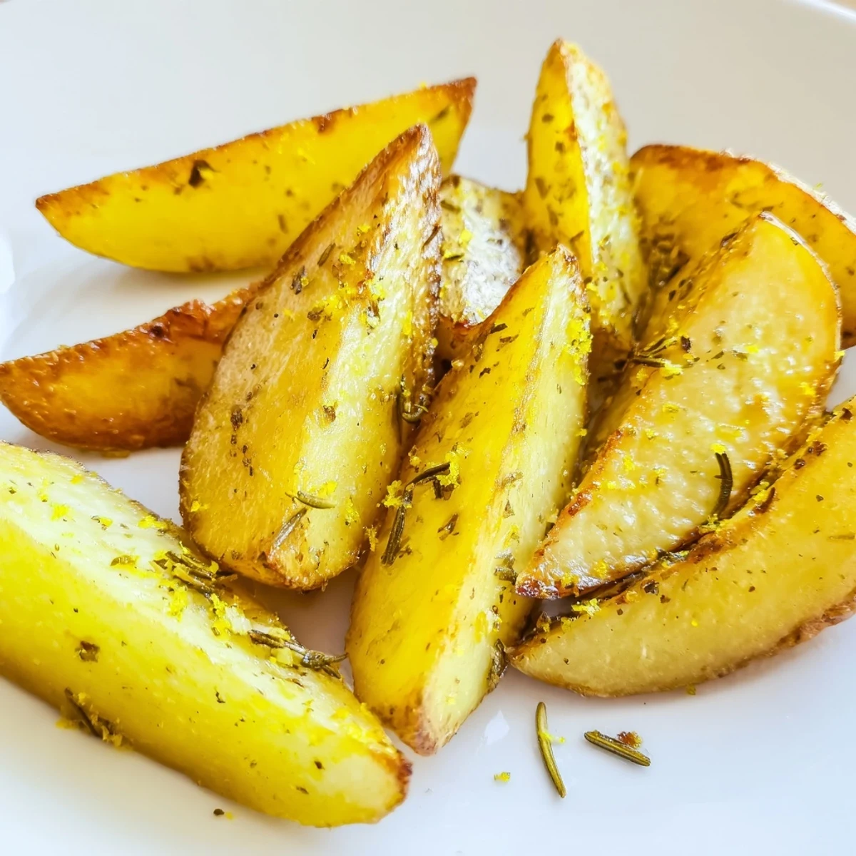 Crispy roasted Lemon Potatoes with Fresh Rosemary on a baking sheet, showcasing golden edges and vibrant green herbs for a Mediterranean side dish.