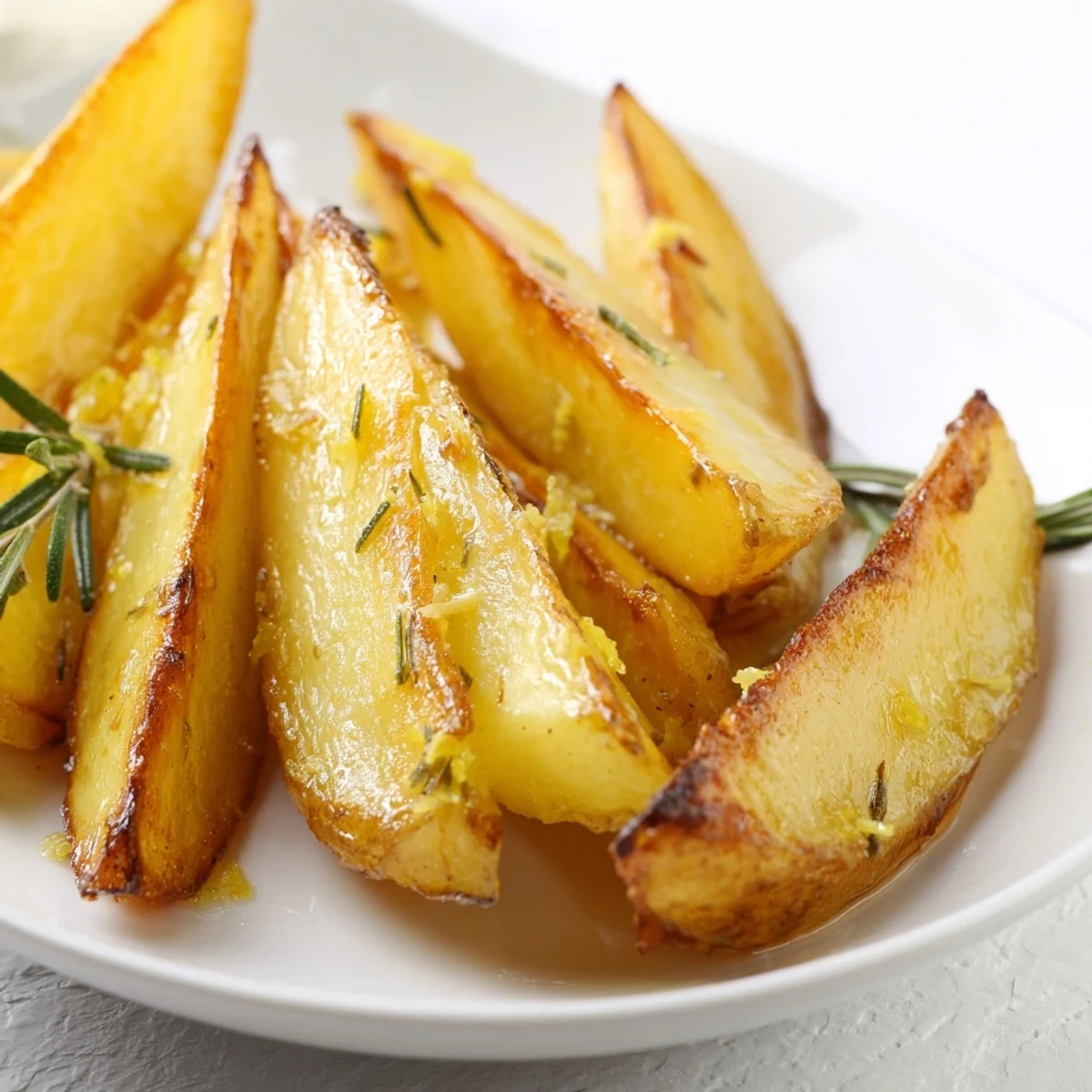 Close-up of Lemon Potatoes with Fresh Rosemary, featuring zesty lemon zest and aromatic rosemary on tender, fluffy potato wedges.