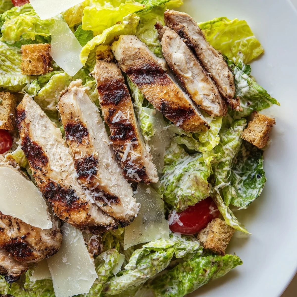 Juicy grilled chicken slices top a crisp bed of chopped romaine lettuce for this Chicken Caesar Salad.