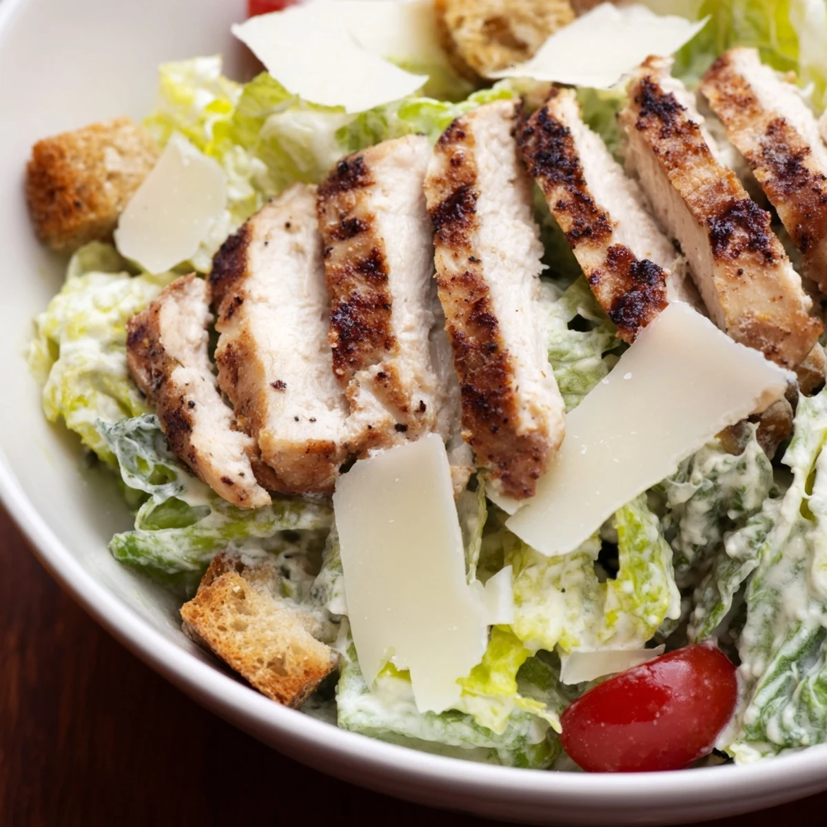 Ready to serve, this Chicken Caesar Salad makes a satisfying main dish lunch or light dinner.