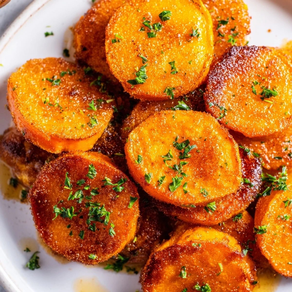 Freshly roasted Crispy Sweet Potatoes with Cinnamon Sugar glistening with melted butter on a rustic platter.