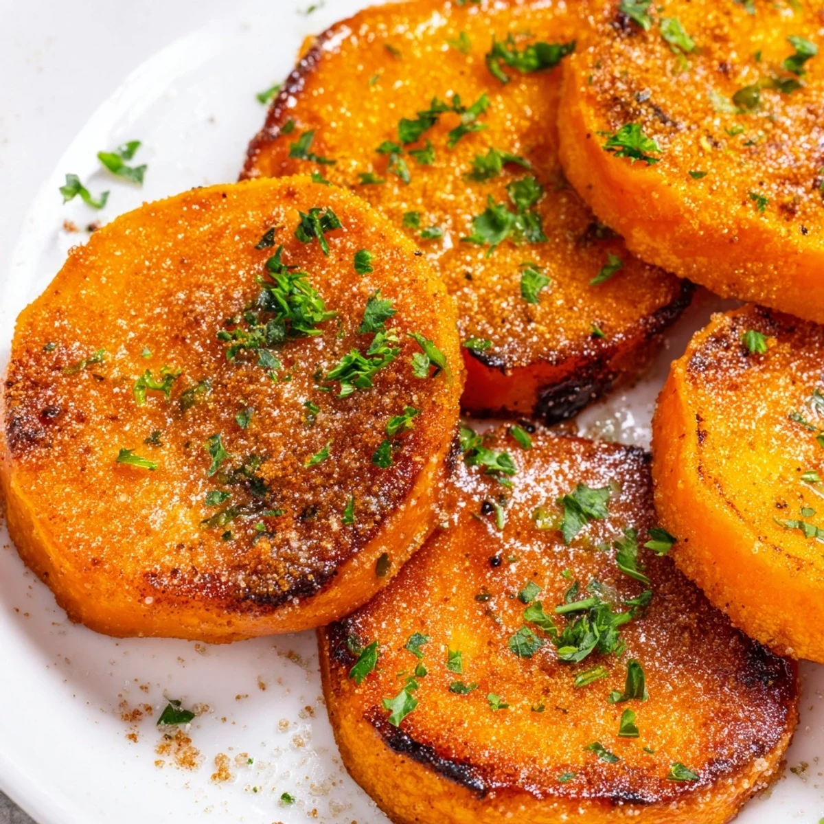 Golden Crispy Sweet Potatoes with Cinnamon Sugar, garnished with parsley, ready to eat as a snack.