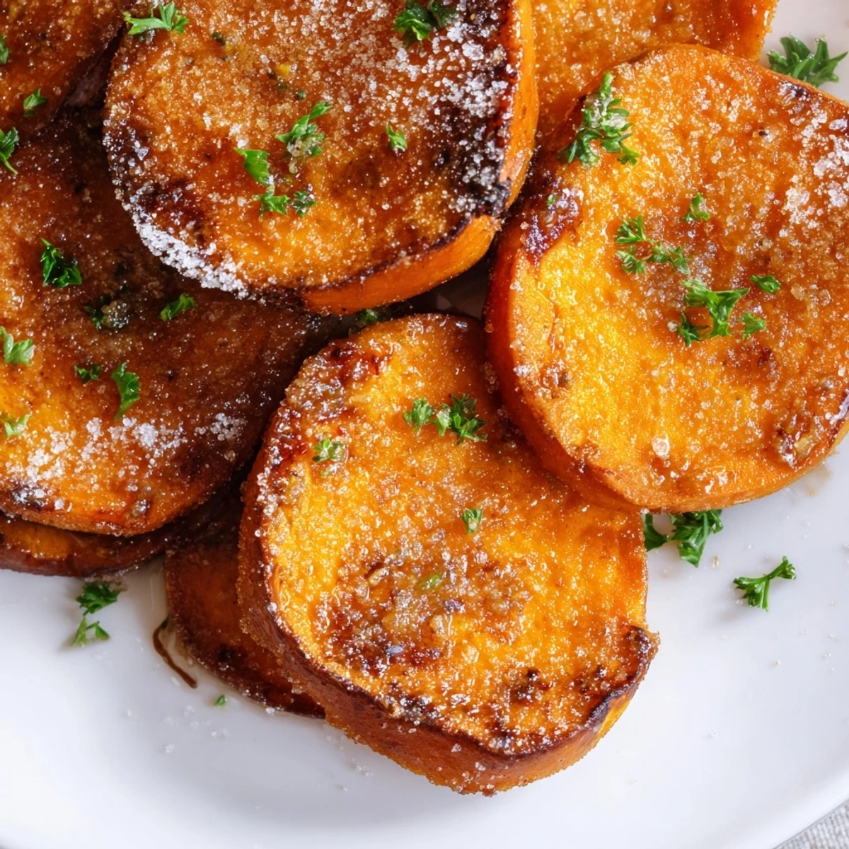 Baked Crispy Sweet Potatoes with Cinnamon Sugar served warm, ideal alongside roasted chicken or ham.