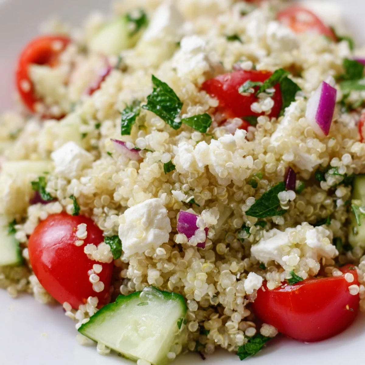 A bowl of Mediterranean Quinoa Salad with cherry tomatoes, cucumber, and crumbled feta on a rustic table.