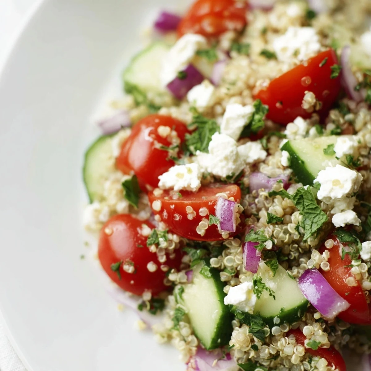 This Mediterranean Quinoa Salad features juicy red cherry tomatoes and a zesty lemon-oregano vinaigrette drizzled over fluffy quinoa.