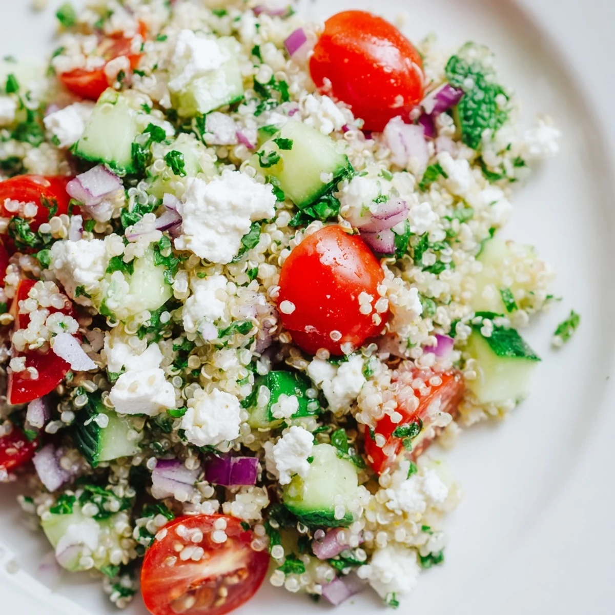 Served chilled, this Mediterranean Quinoa Salad is a refreshing lunch topped with Kalamata olives and fresh parsley.