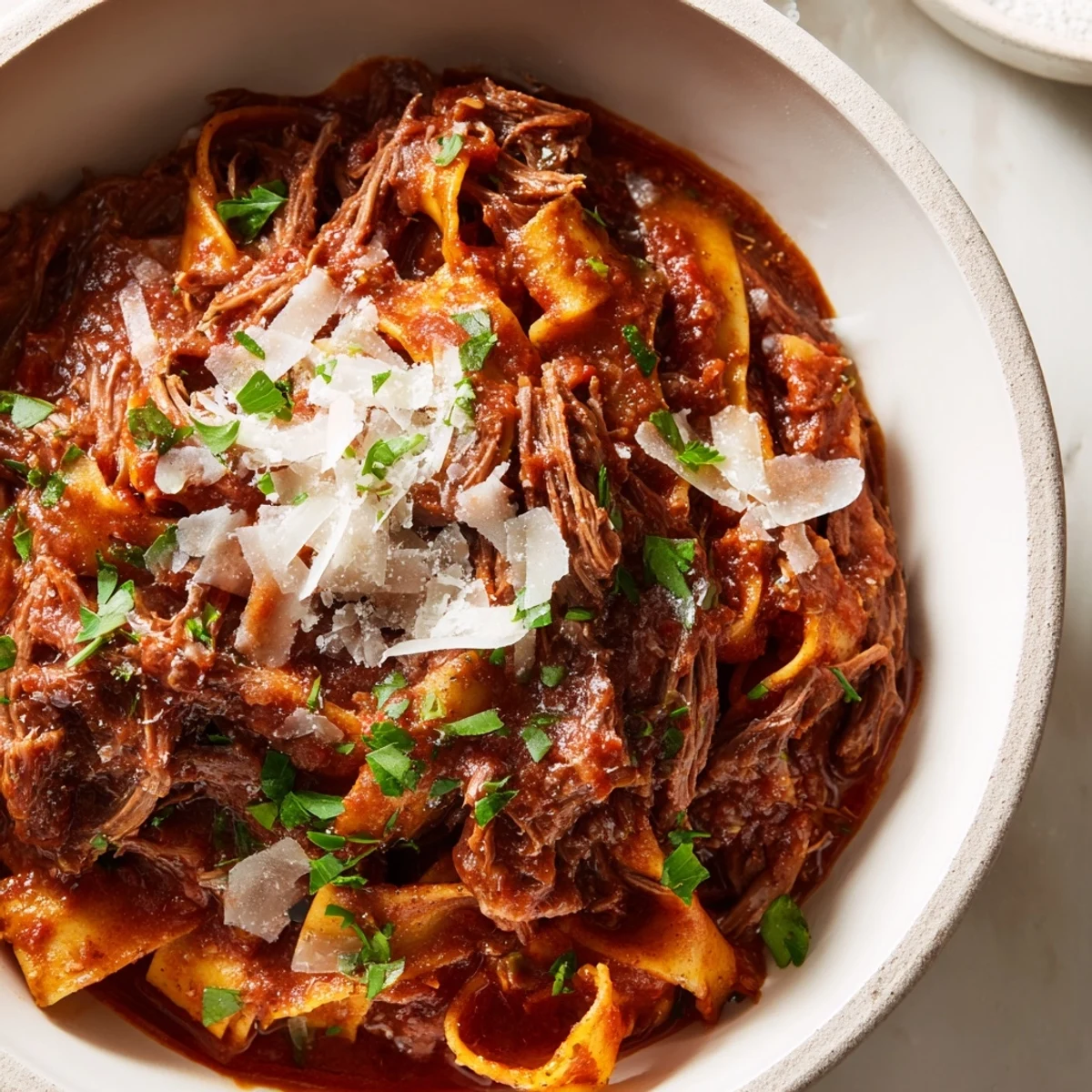 Tender shredded Slow Cooker Beef Ragu simmered in a rich tomato sauce, served over creamy polenta.