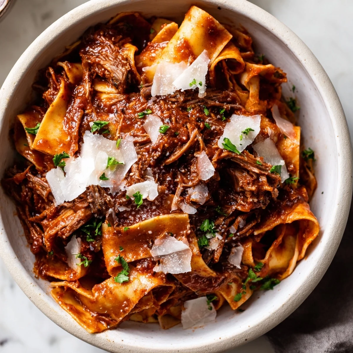 Close-up of Slow Cooker Beef Ragu over pasta, showcasing tender beef chunks and a rich sauce.