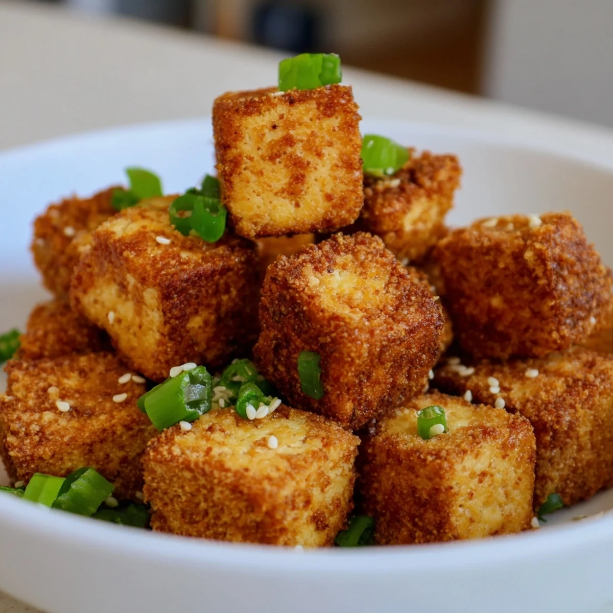 Air-fried tofu cubes with a golden, crunchy crust and tender interior, garnished with sesame seeds and fresh green onions.