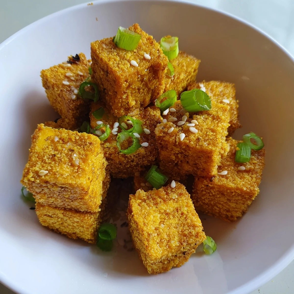 A single layer of golden tofu in an air fryer basket, ready to be enjoyed over rice and vegetables.