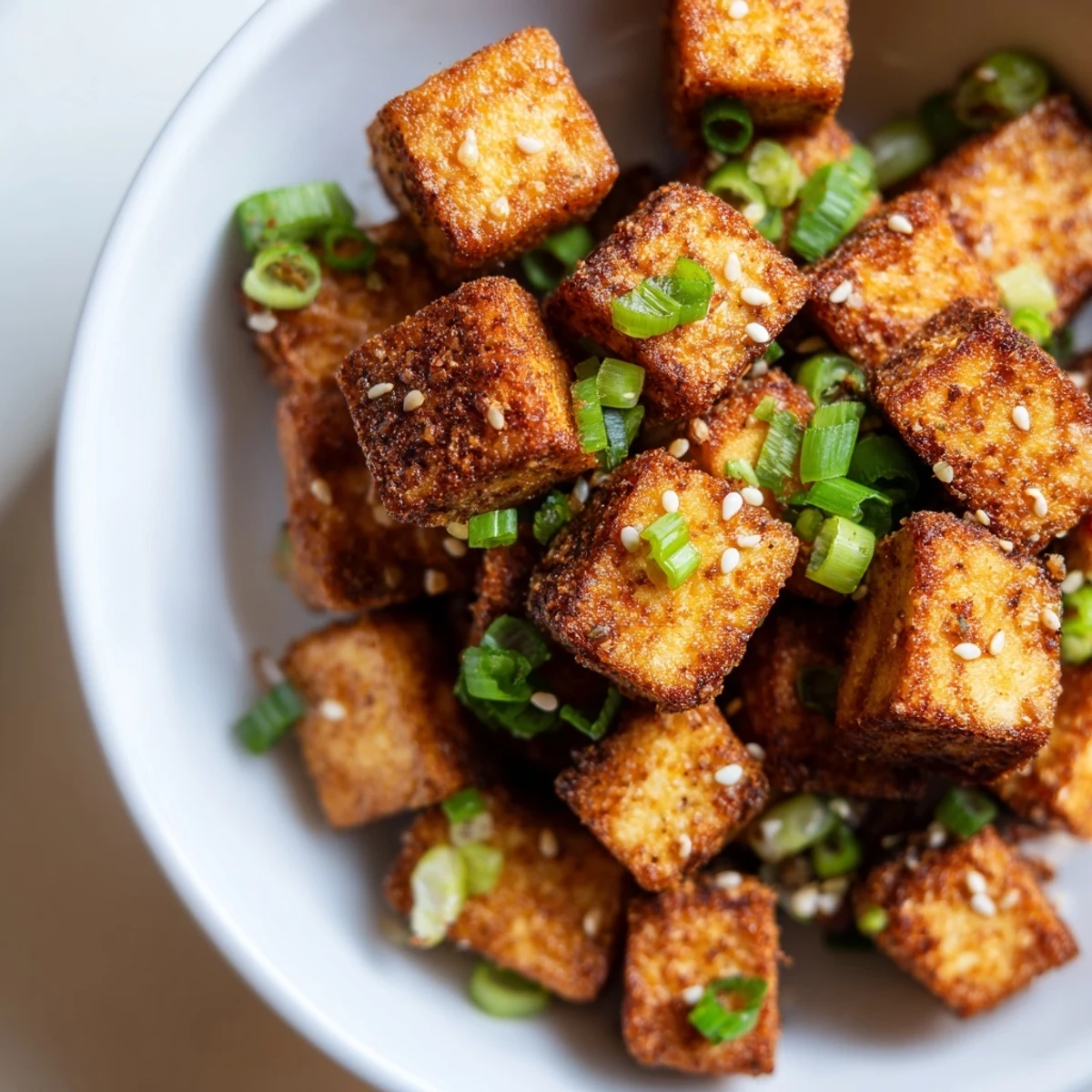 Crispy Air Fryer Tofu served warm as an appetizer or salad topper, drizzled with sriracha mayo or sweet chili.