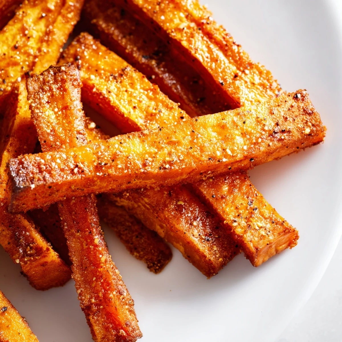 Golden roasted sweet potato fries with crispy edges and a tender interior, seasoned with smoked paprika.  