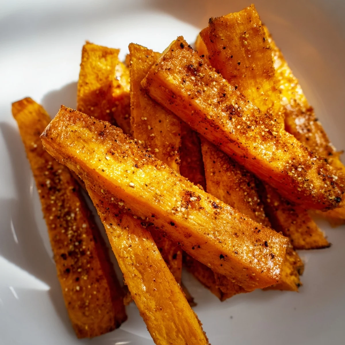 A close-up of perfectly cooked roasted sweet potato fries on a parchment-lined baking sheet.