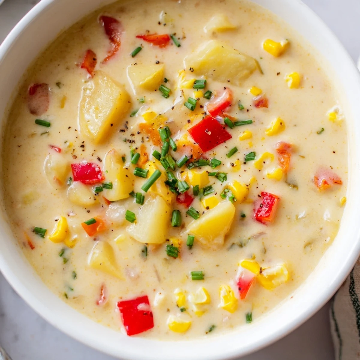 A bowl of creamy corn chowder with peppers, topped with fresh chives and served with crusty bread.