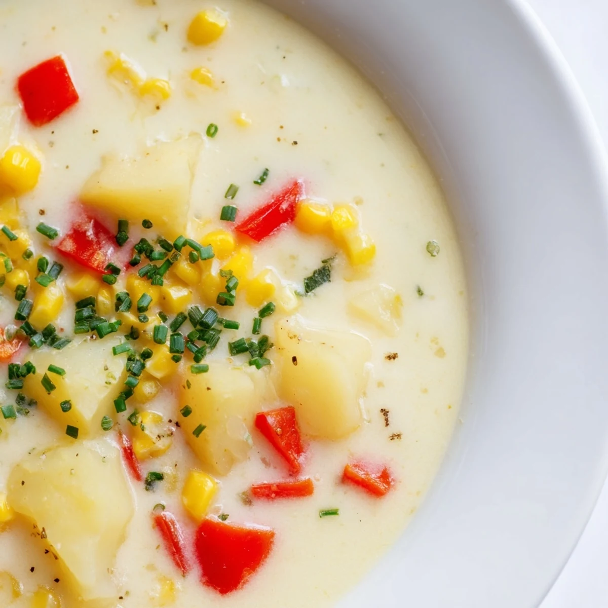 Vibrant red and yellow bell peppers shine in this creamy corn chowder, ready for a cozy dinner.