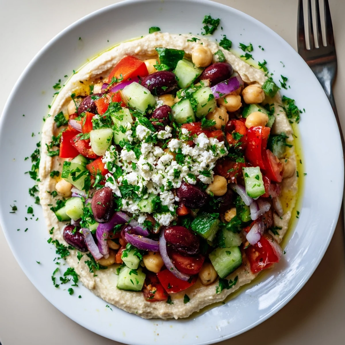 Close-up of Mediterranean Salad with Hummus featuring crumbled feta, Kalamata olives, and fresh parsley on a bed of hummus.