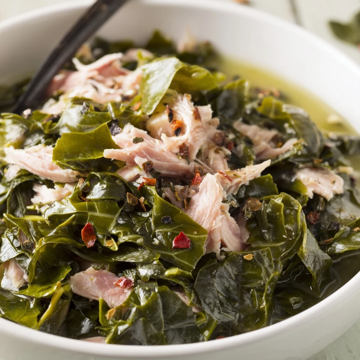 Steaming Southern Collard Greens with Smoked Turkey in a Dutch oven, rich pot liquor and tender leaves.  