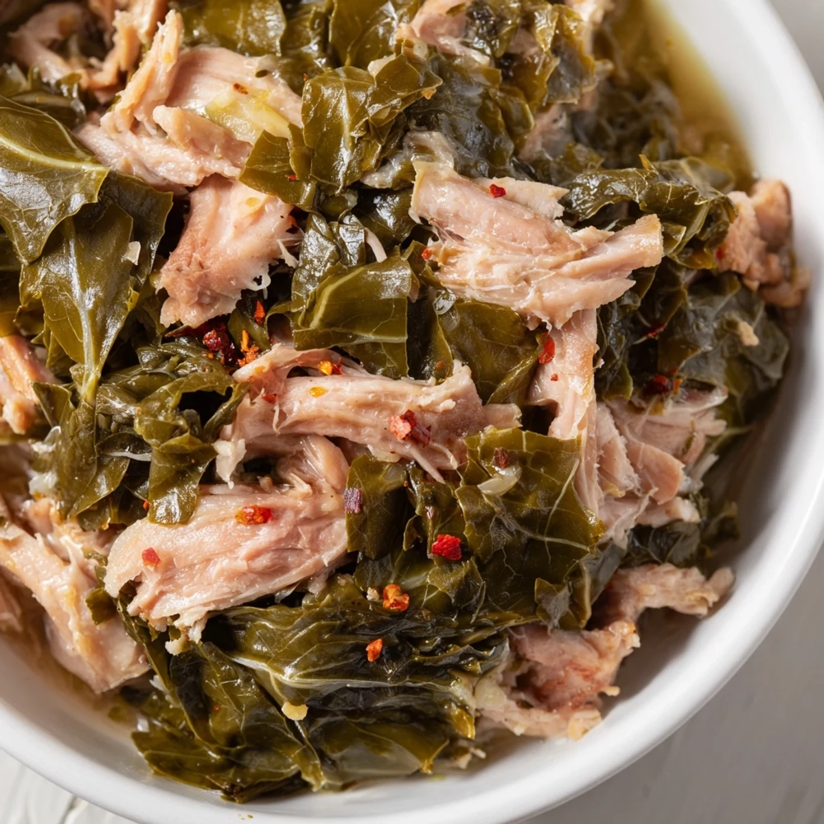 Close-up of Southern Collard Greens with Smoked Turkey, glistening broth and red pepper flakes, ready to serve.