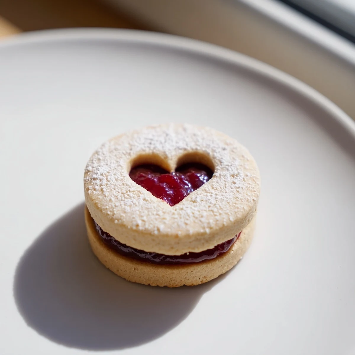 Raspberry Linzer Cookies are sandwiched with sweet jam and dusted with powdered sugar on a wooden board.