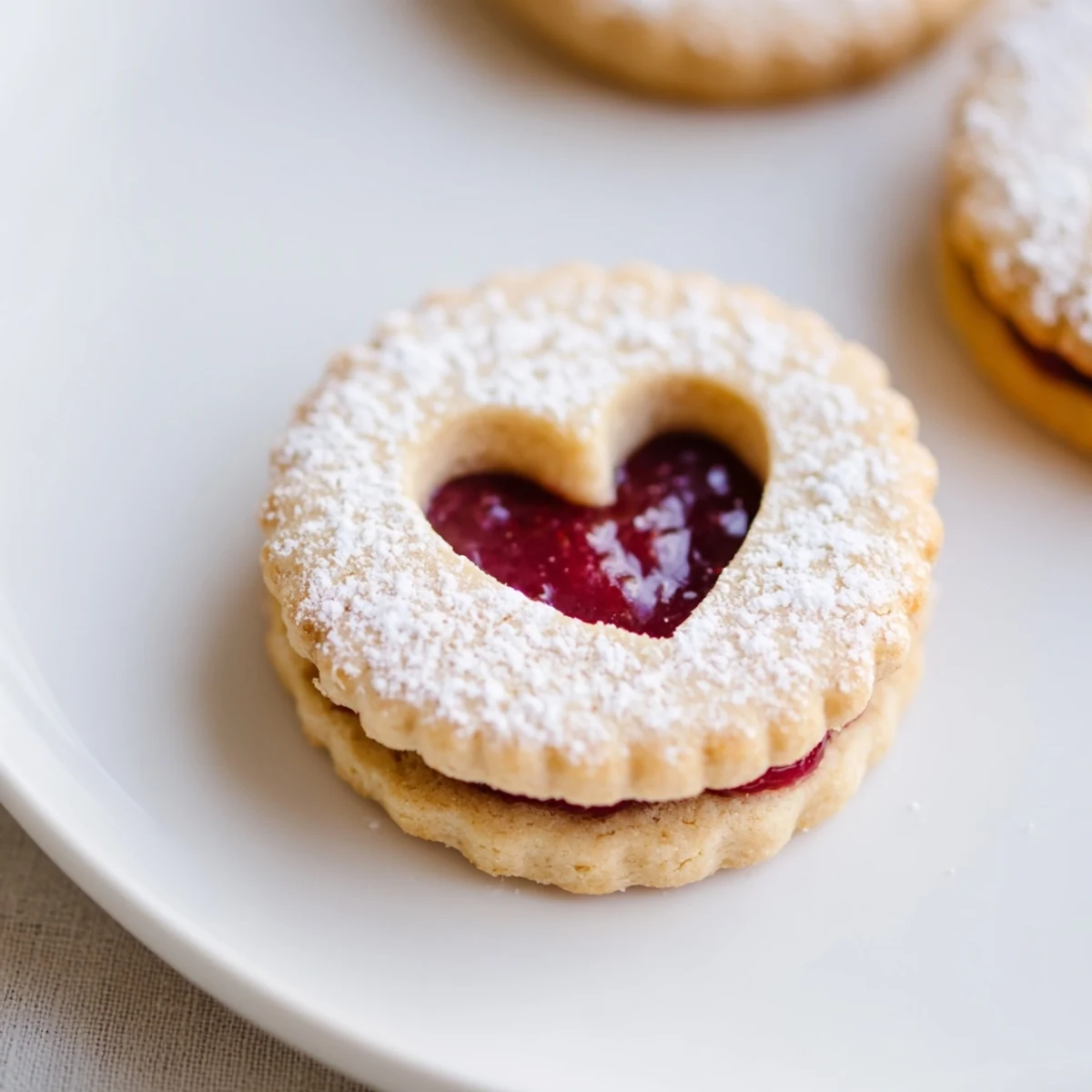 A close-up of Raspberry Linzer Cookies reveals a jam-filled window and buttery almond cookie layers.