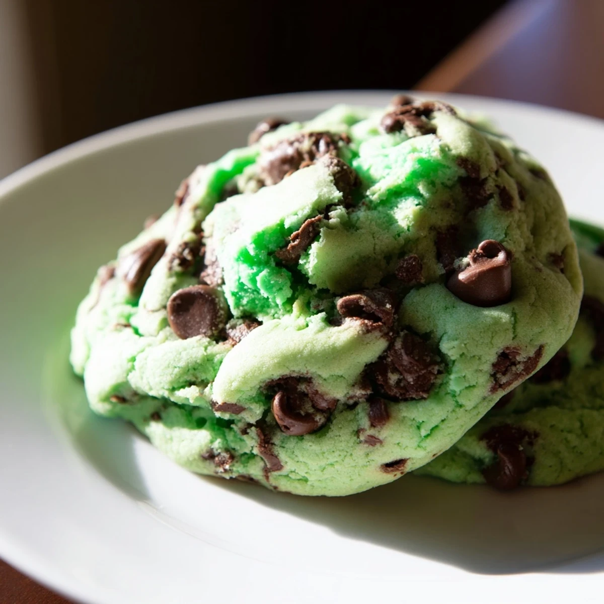 Emerald Isle Mint Chocolate Chip Cookies arranged on a plate, ready to be served with a cold glass of milk.