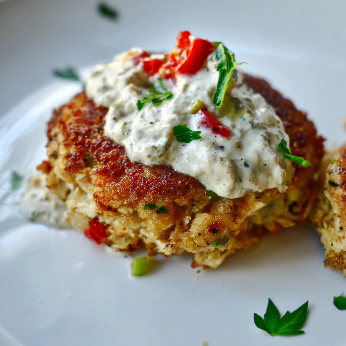 A close-up of pan-fried Cajun Crab Cakes with Remoulade, showing a moist, flaky interior.