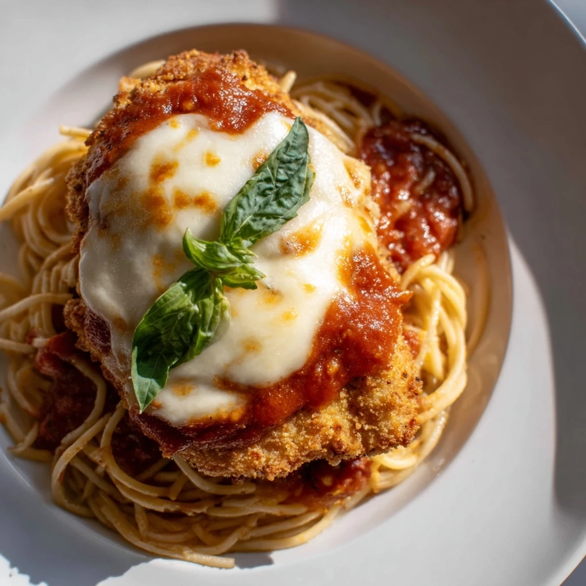 Italian-American chicken parmesan with spaghetti marinara, featuring rich red sauce and gooey mozzarella on a dinner plate.