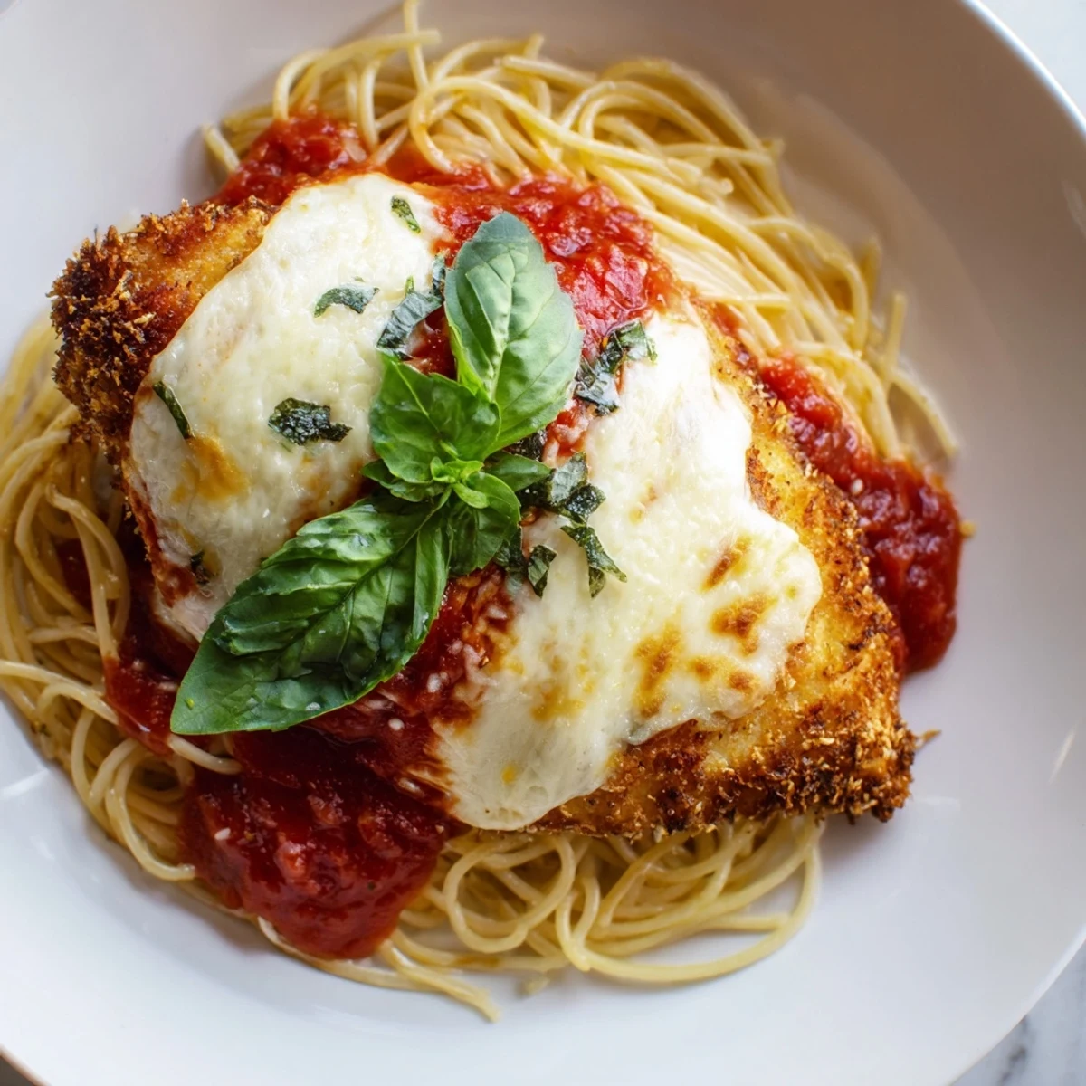 A close-up of golden chicken parmesan beside spaghetti marinara, garnished with fresh basil and grated Parmesan.  