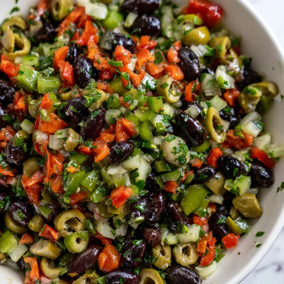 A vibrant bowl of New Orleans Muffuletta Salad with cucumbers, peppers, and tangy vinaigrette.