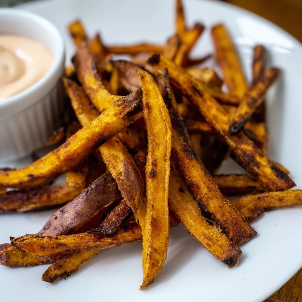 Golden, crispy sweet potato fries with a smoky chipotle mayo dip, served hot on a platter.
