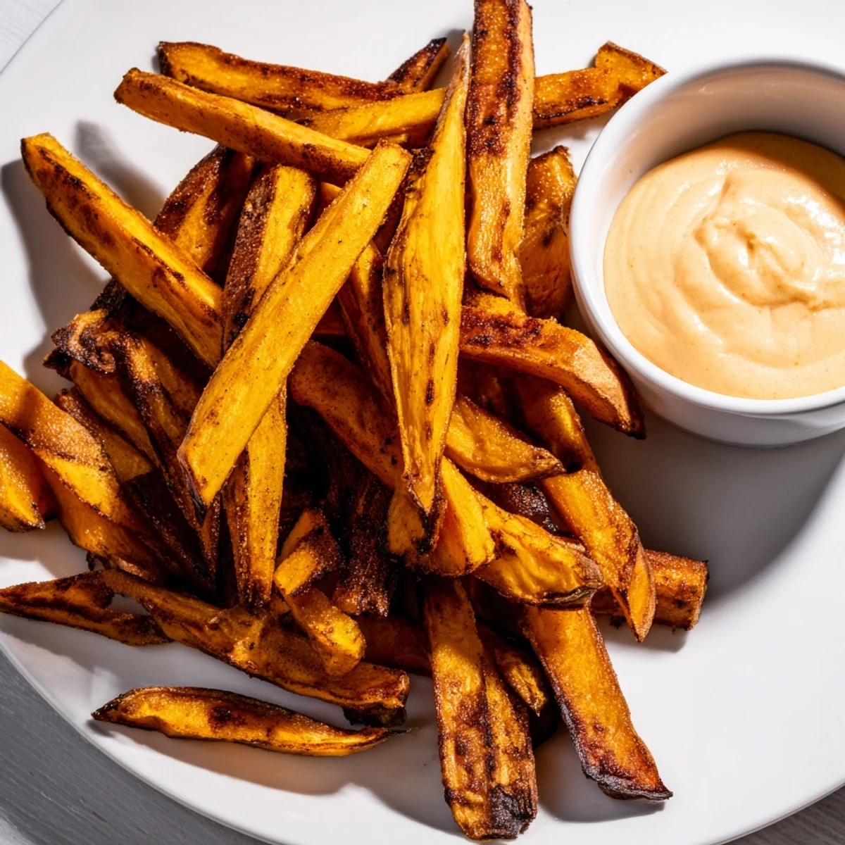A close-up of Crispy Sweet Potato Fries with Chipotle Mayo, showing crunchy texture and creamy orange dip.