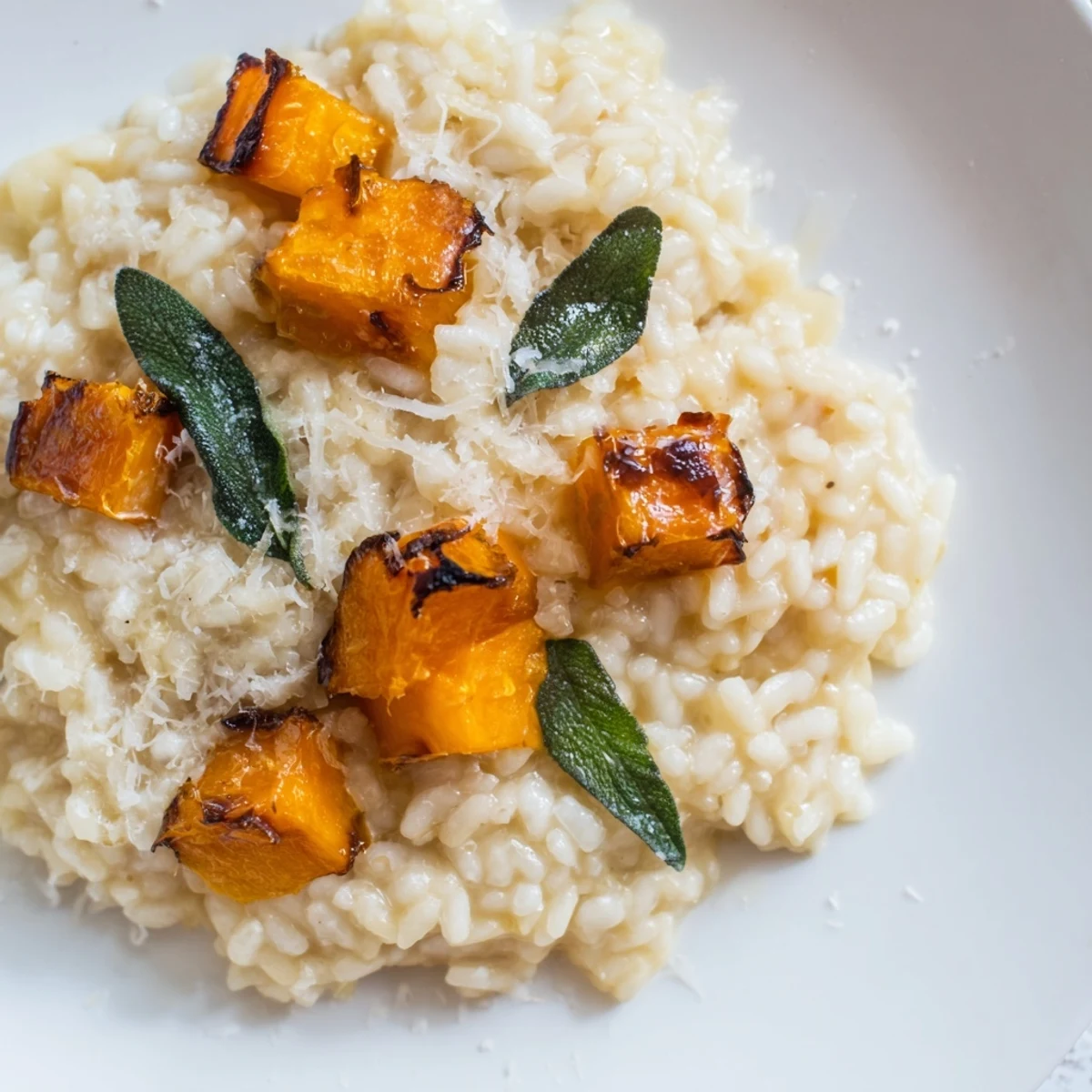 A close-up of creamy roasted butternut squash risotto in a white bowl, garnished with fresh sage and shaved Parmesan.