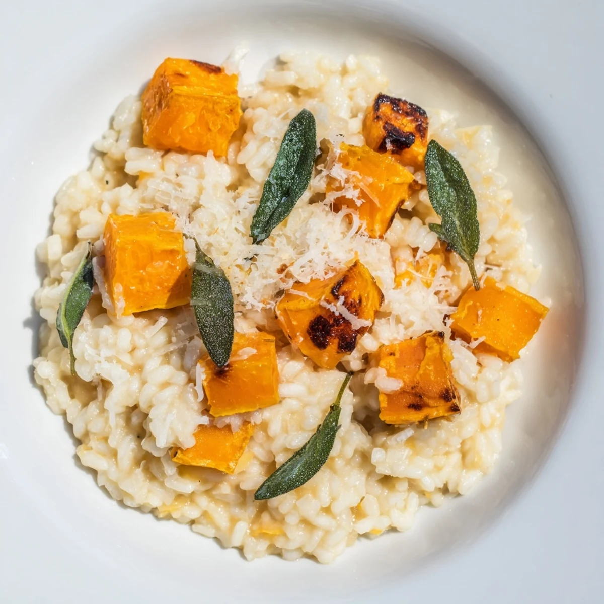 Golden roasted butternut squash risotto steaming in a rustic skillet, showcasing a perfect blend of creamy Arborio rice and caramelized squash cubes.