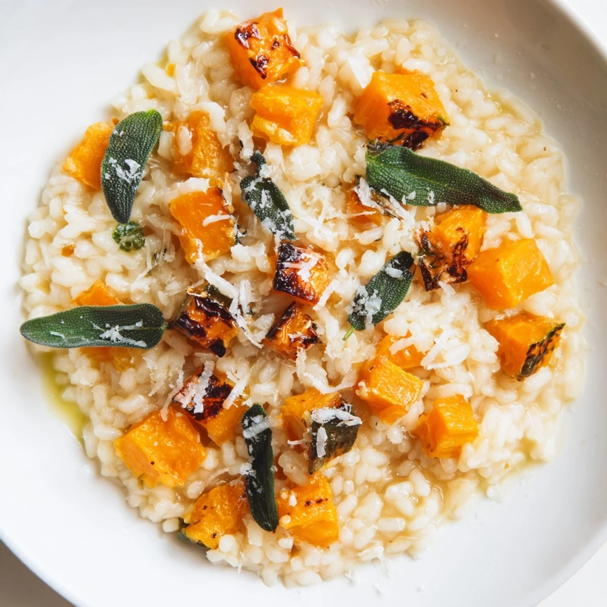 Spoon scooping a creamy serving of roasted butternut squash risotto, revealing tender vegetables and fresh herbs in a cozy Italian-inspired dish.