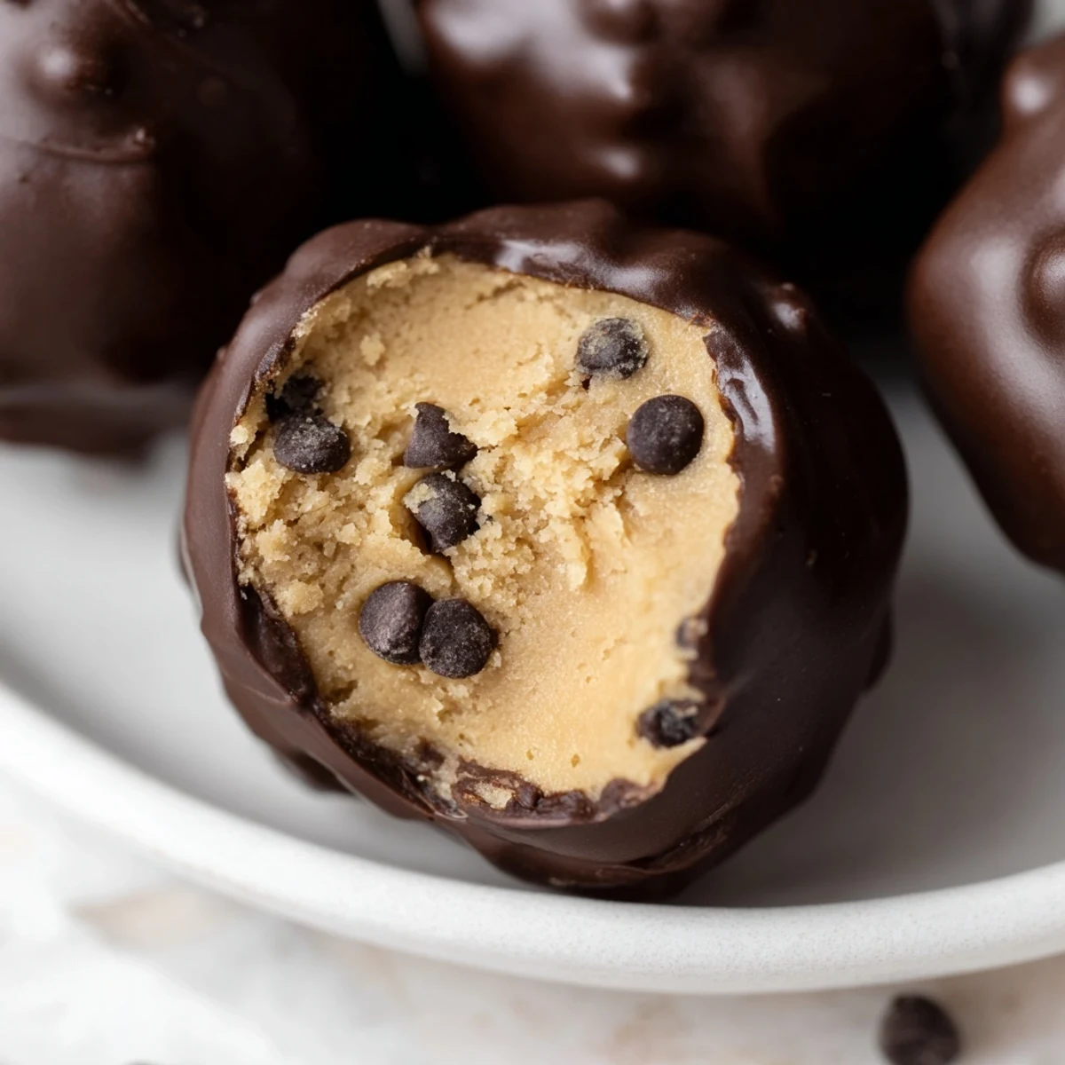 Overhead view showcases a batch of freshly made Chocolate Chip Cookie Dough Truffles, some sprinkled with festive holiday decorations.