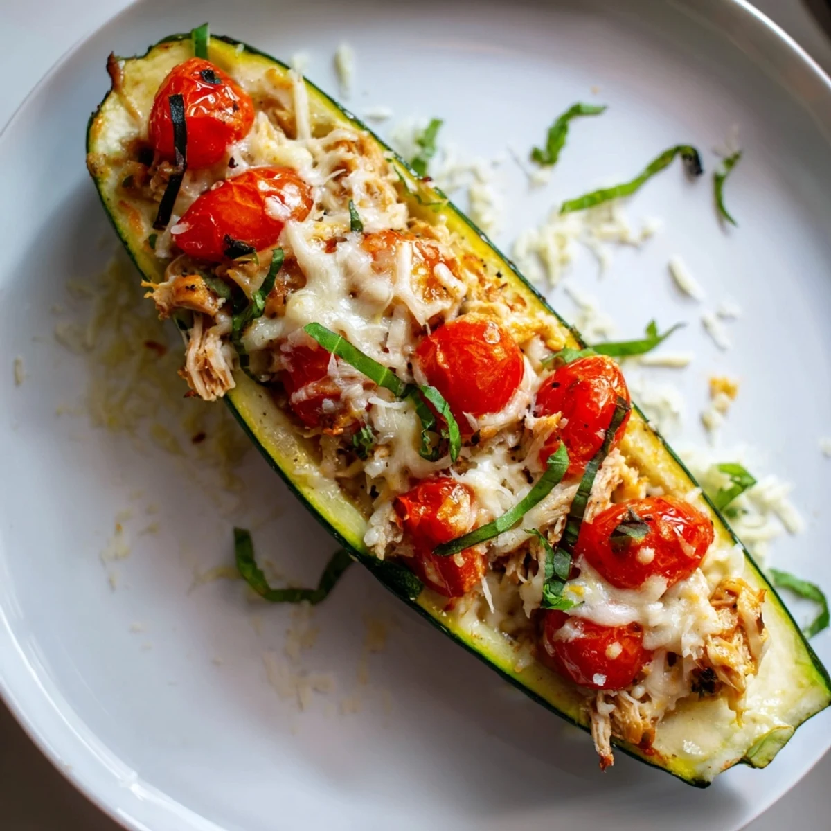 Freshly baked Chicken Zucchini Boats with Cheese sit in a dish, golden mozzarella bubbling over a savory chicken and tomato filling.  