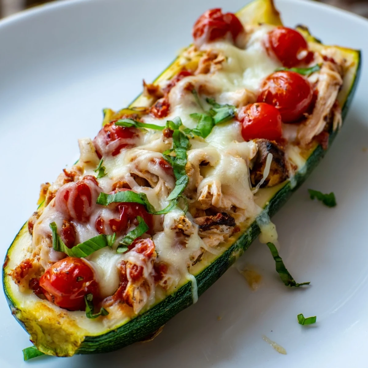 Golden-brown Chicken Zucchini Boats with Cheese are garnished with fresh basil, served hot with a side salad for a complete low-carb meal.  