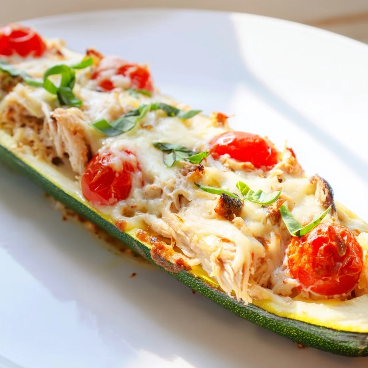 A close-up of Chicken Zucchini Boats with Cheese shows tender zucchini halves filled with chicken and herbs, topped with melted Parmesan.