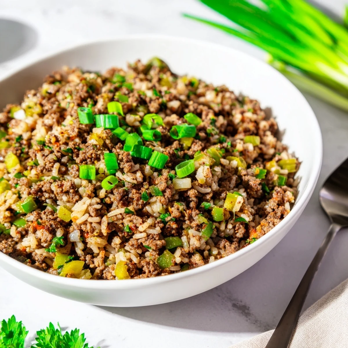 A rustic bowl of Mardi Gras Dirty Rice with seasoned ground beef and vegetables, steaming on a wooden table.