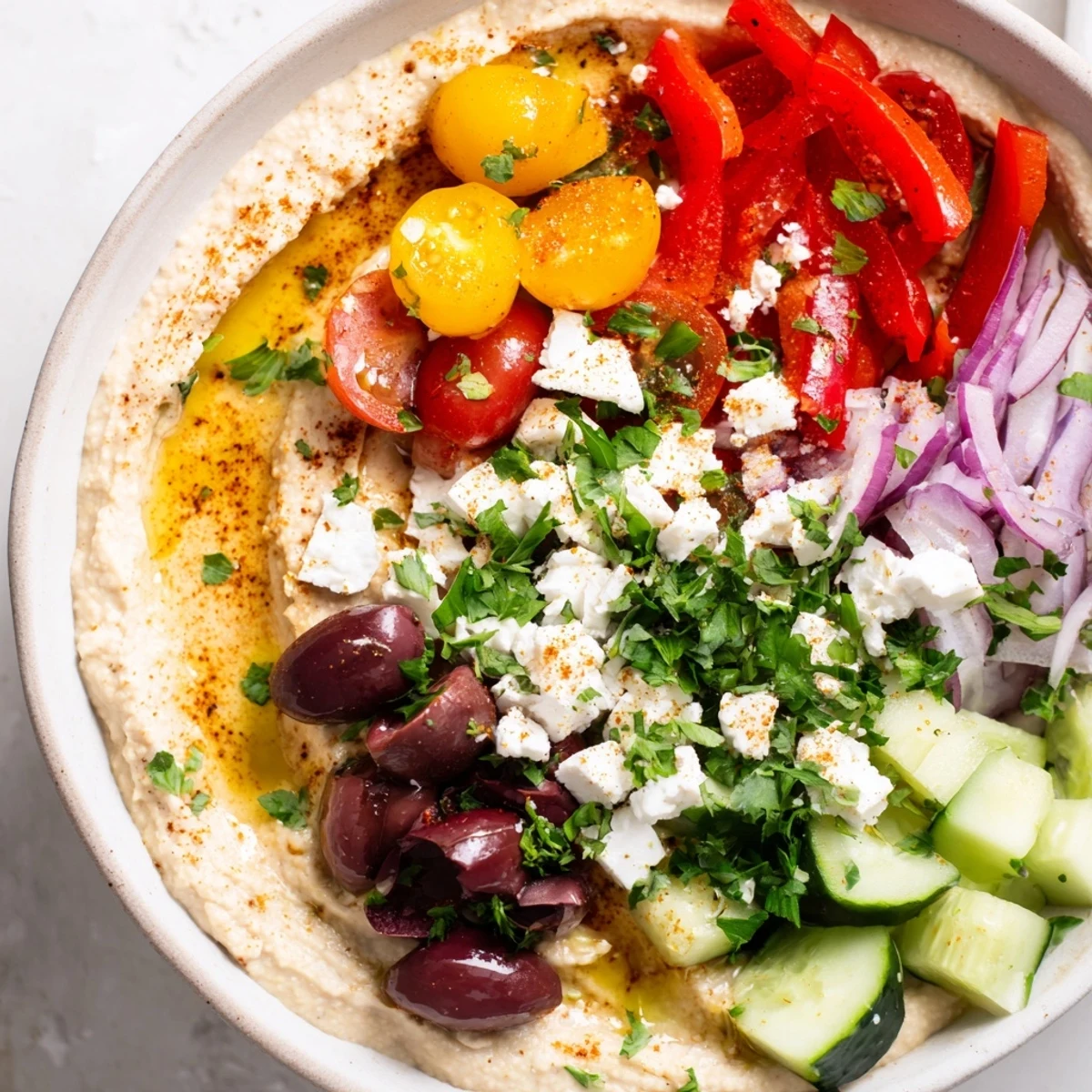 Ready-to-eat Mediterranean Hummus Bowl served with lemon wedges and roasted peppers.