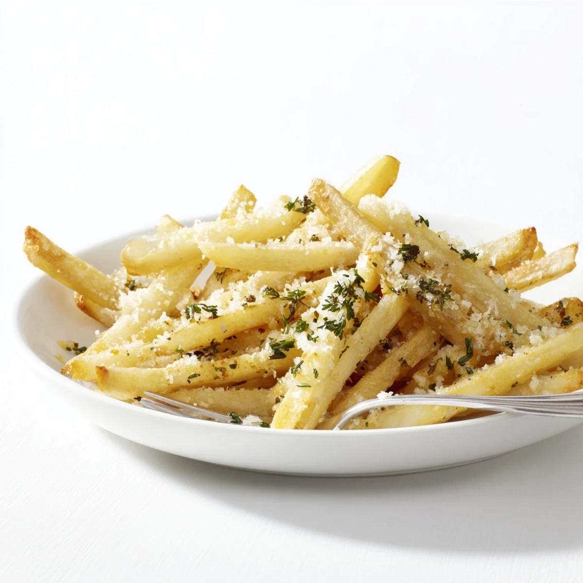 Golden brown roasted fries with garlic and herbs, tossed and served hot in a rustic bowl.