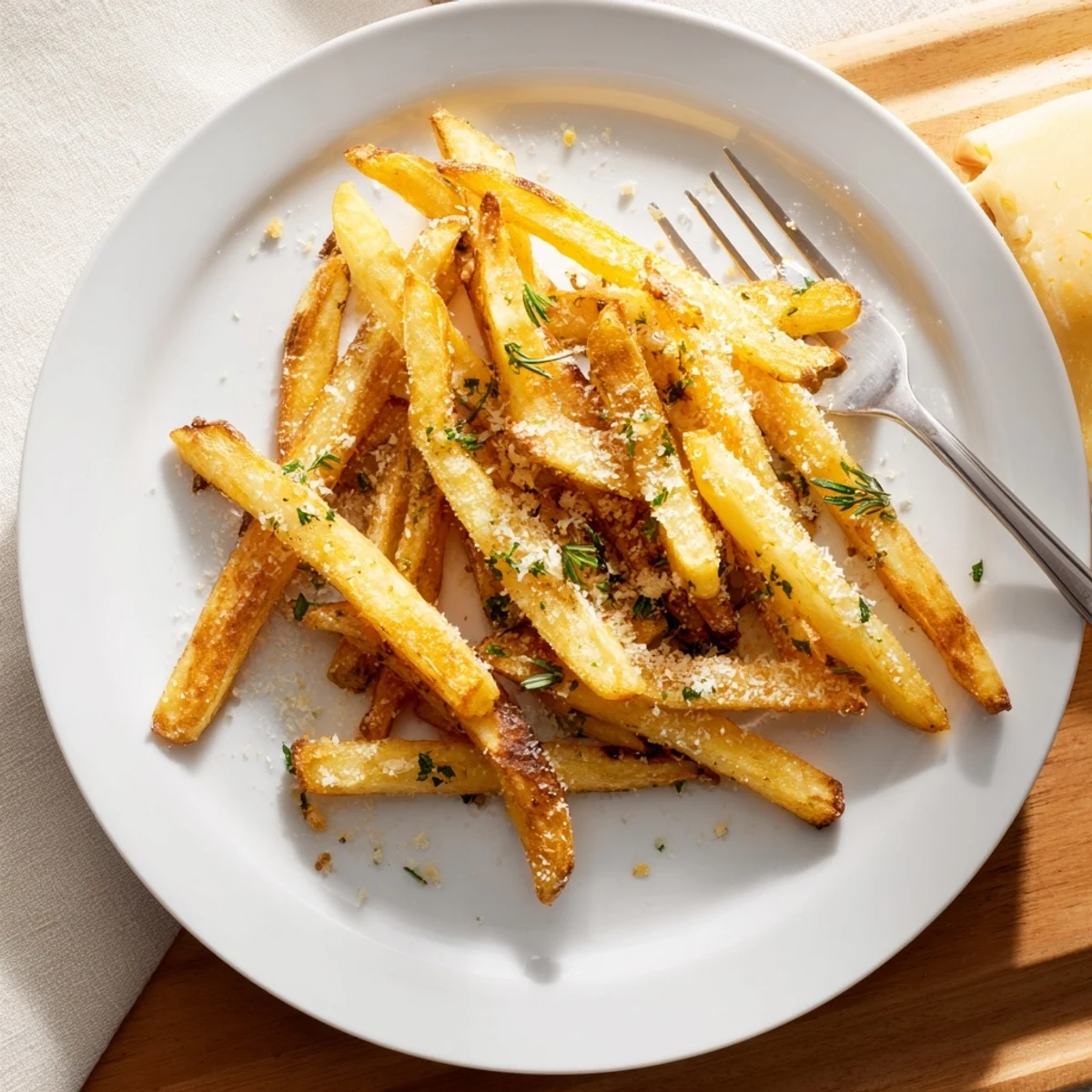 Garlic and herb roasted fries ready to serve, garnished with parsley and optional Parmesan cheese.