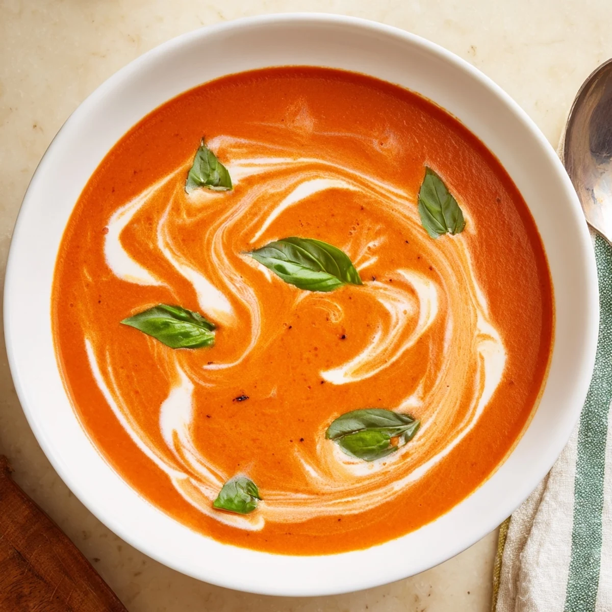 Creamy Tomato Soup with Basil simmering in a white bowl, garnished with fresh basil and a swirl of heavy cream, ready to serve with crusty bread.  