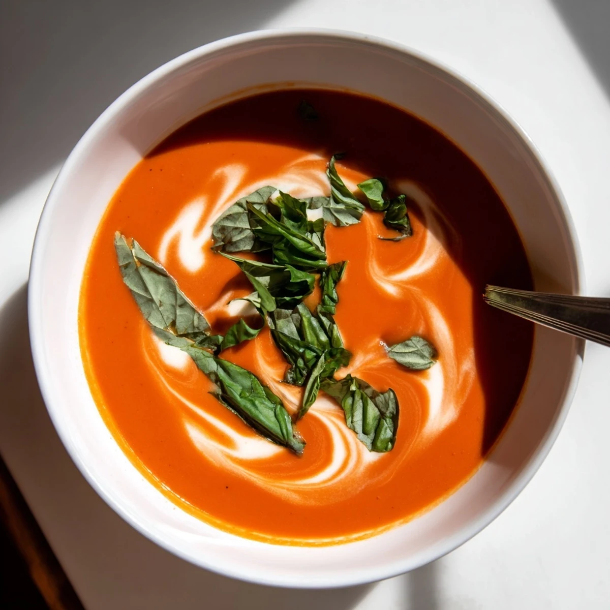 A ladle pours velvety Creamy Tomato Soup with Basil into a rustic ceramic bowl, steam rising from the rich, tomato-based broth.  