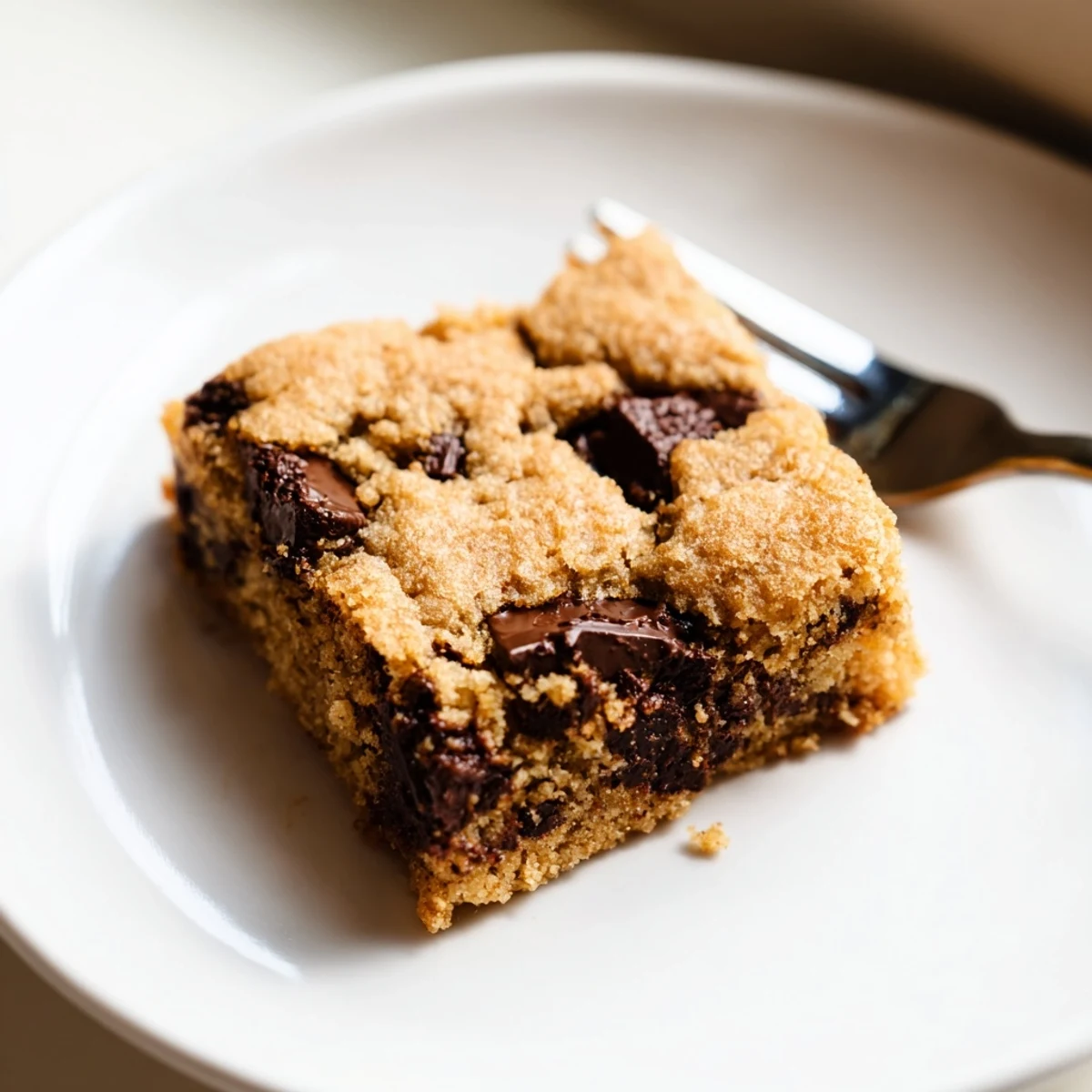 Golden-brown Chocolate Chip Cookie Bars sit in a 9x13-inch pan, glistening with melted chocolate chips and a sprinkle of flaky sea salt.